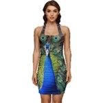 Peacock Bird Feathers Pheasant Nature Animal Texture Pattern Sleeveless Wide Square Neckline Ruched Bodycon Dress