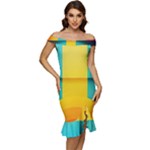 Colorful Rainbow Pattern Digital Art Abstract Minimalist Minimalism Off Shoulder Ruffle Split Hem Bodycon Dress