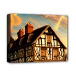 Village House Cottage Medieval Timber Tudor Split-timber Frame Architecture Town Twilight Chimney Deluxe Canvas 14  x 11  (Stretched)