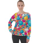 Circles Art Seamless Repeat Bright Colors Colorful Off Shoulder Long Sleeve Velour Top