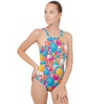 Circles Art Seamless Repeat Bright Colors Colorful High Neck One Piece Swimsuit