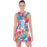 Circles Art Seamless Repeat Bright Colors Colorful Lace Up Front Bodycon Dress