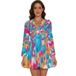 Circles Art Seamless Repeat Bright Colors Colorful Long Sleeve V-Neck Chiffon Dress 