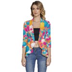 Circles Art Seamless Repeat Bright Colors Colorful Women s 3/4 Sleeve Ruffle Edge Open Front Jacket