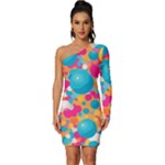 Circles Art Seamless Repeat Bright Colors Colorful Long Sleeve One Shoulder Mini Dress