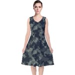 Camouflage, Pattern, Abstract, Background, Texture, Army V-Neck Midi Sleeveless Dress 