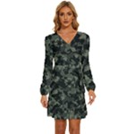 Camouflage, Pattern, Abstract, Background, Texture, Army Long Sleeve Waist Tie Ruffle Velvet Dress