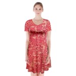 Chinese Hieroglyphs Patterns, Chinese Ornaments, Red Chinese Short Sleeve V-neck Flare Dress