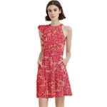 Chinese Hieroglyphs Patterns, Chinese Ornaments, Red Chinese Cocktail Party Halter Sleeveless Dress With Pockets