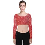 Chinese Hieroglyphs Patterns, Chinese Ornaments, Red Chinese Velvet Long Sleeve Crop Top