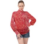 Chinese Hieroglyphs Patterns, Chinese Ornaments, Red Chinese High Neck Long Sleeve Chiffon Top
