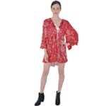 Chinese Hieroglyphs Patterns, Chinese Ornaments, Red Chinese V-Neck Flare Sleeve Mini Dress