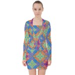 Colorful Floral Ornament, Floral Patterns V-neck Bodycon Long Sleeve Dress