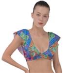 Colorful Floral Ornament, Floral Patterns Plunge Frill Sleeve Bikini Top