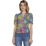 Colorful Floral Ornament, Floral Patterns Puffed Short Sleeve Button Up Jacket