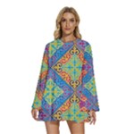 Colorful Floral Ornament, Floral Patterns Round Neck Long Sleeve Bohemian Style Chiffon Mini Dress