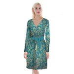 European Pattern, Blue, Desenho, Retro, Style Long Sleeve Velvet Front Wrap Dress