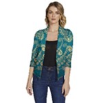 European Pattern, Blue, Desenho, Retro, Style Women s Draped Front 3/4 Sleeve Shawl Collar Jacket