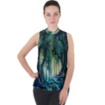 Trees Forest Mystical Forest Background Landscape Nature Mock Neck Chiffon Sleeveless Top
