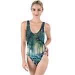 Trees Forest Mystical Forest Background Landscape Nature High Leg Strappy Swimsuit
