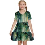 Trees Forest Mystical Forest Background Landscape Nature Kids  Short Sleeve Tiered Mini Dress