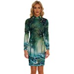 Trees Forest Mystical Forest Background Landscape Nature Long Sleeve Shirt Collar Bodycon Dress