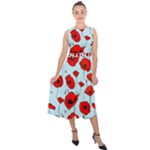 Poppies Flowers Red Seamless Pattern Midi Tie-Back Chiffon Dress