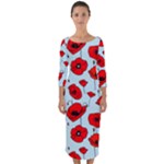 Poppies Flowers Red Seamless Pattern Quarter Sleeve Midi Bodycon Dress
