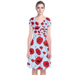 Poppies Flowers Red Seamless Pattern Short Sleeve Front Wrap Dress
