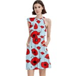 Poppies Flowers Red Seamless Pattern Cocktail Party Halter Sleeveless Dress With Pockets