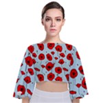 Poppies Flowers Red Seamless Pattern Tie Back Butterfly Sleeve Chiffon Top