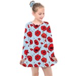 Poppies Flowers Red Seamless Pattern Kids  Long Sleeve Dress