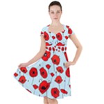 Poppies Flowers Red Seamless Pattern Cap Sleeve Midi Dress