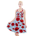 Poppies Flowers Red Seamless Pattern Halter Party Swing Dress 