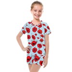 Poppies Flowers Red Seamless Pattern Kids  Mesh T-Shirt and Shorts Set