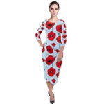 Poppies Flowers Red Seamless Pattern Quarter Sleeve Midi Velour Bodycon Dress
