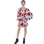 Poppies Flowers Red Seamless Pattern V-Neck Flare Sleeve Mini Dress