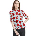 Poppies Flowers Red Seamless Pattern Frill Neck Blouse