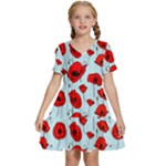 Poppies Flowers Red Seamless Pattern Kids  Short Sleeve Tiered Mini Dress
