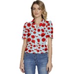 Poppies Flowers Red Seamless Pattern Puffed Short Sleeve Button Up Jacket