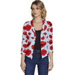 Poppies Flowers Red Seamless Pattern Women s Casual 3/4 Sleeve Spring Jacket
