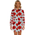 Poppies Flowers Red Seamless Pattern Womens Long Sleeve Shirt Dress