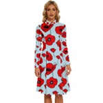 Poppies Flowers Red Seamless Pattern Long Sleeve Shirt Collar A-Line Dress