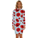 Poppies Flowers Red Seamless Pattern Long Sleeve Shirt Collar Bodycon Dress