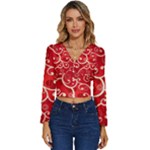 Patterns, Corazones, Texture, Red, Long Sleeve V-Neck Top
