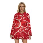 Patterns, Corazones, Texture, Red, Round Neck Long Sleeve Bohemian Style Chiffon Mini Dress