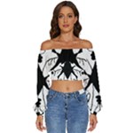 Black Silhouette Artistic Hand Draw Symbol Wb Long Sleeve Crinkled Weave Crop Top