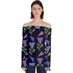 Abstract Pattern Flora Flower Off Shoulder Long Sleeve Top