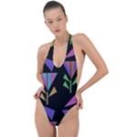 Abstract Pattern Flora Flower Backless Halter One Piece Swimsuit