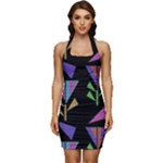 Abstract Pattern Flora Flower Sleeveless Wide Square Neckline Ruched Bodycon Dress